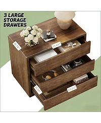 Rainsken Fluted Nightstand, Oversized 3 Drawers Storage Cabinet, Mid Century Modern Wooden Bedside End Table for Bedroom, Living Room