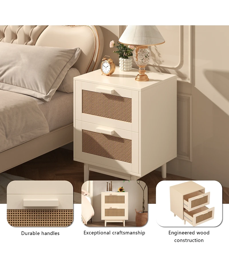 Rainsken Rattan Nightstand with 2 Faux Rattan Drawers, Wood Storage End Table Bedside Table for Living Room, Bedroom