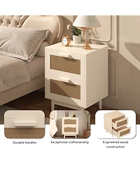 Rainsken Rattan Nightstand with 2 Faux Rattan Drawers, Wood Storage End Table Bedside Table for Living Room, Bedroom