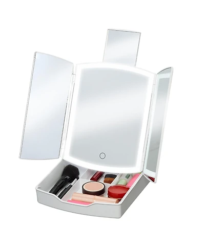 iHome Tri-Fold Travel Makeup Mirror with Lights and Organizer, 5" x 8"