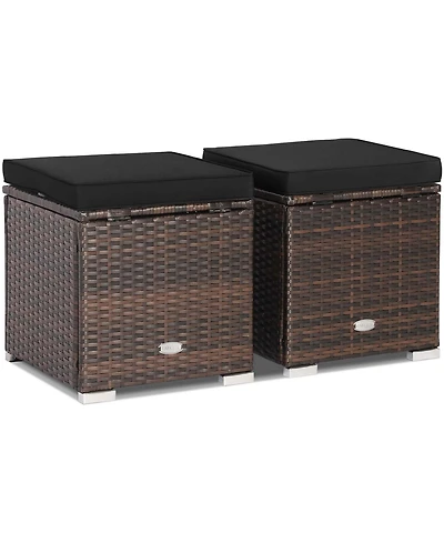 Gymax 2PCS Rattan Ottomans Seat Side Table Storage Box Footstool w/ Black Cushion Patio