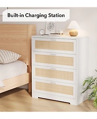 gaomon Tall 4 Drawer Wooden Rattan Dresser with Metal Pulls and Built In Power Ports