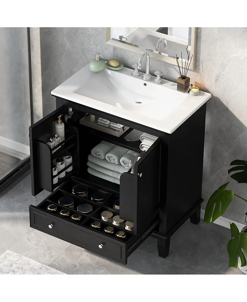 Sillysis 30" Bathroom Vanity with Sink, Multi-Functional Storage Cabinet with Doors and Drawer, Solid Wood & Mdf for Small Bathrooms