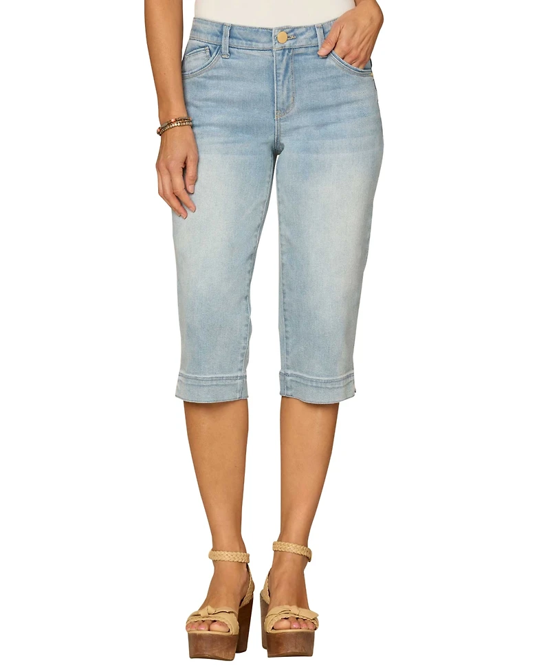 Democracy Petite Mid-Rise Side Slit Bow Embroidered Denim Shorts