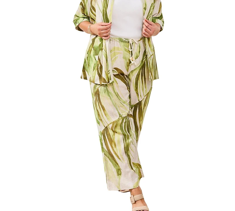 Tribal Plus Printed Linen Flare Pull-On Ankle Pants