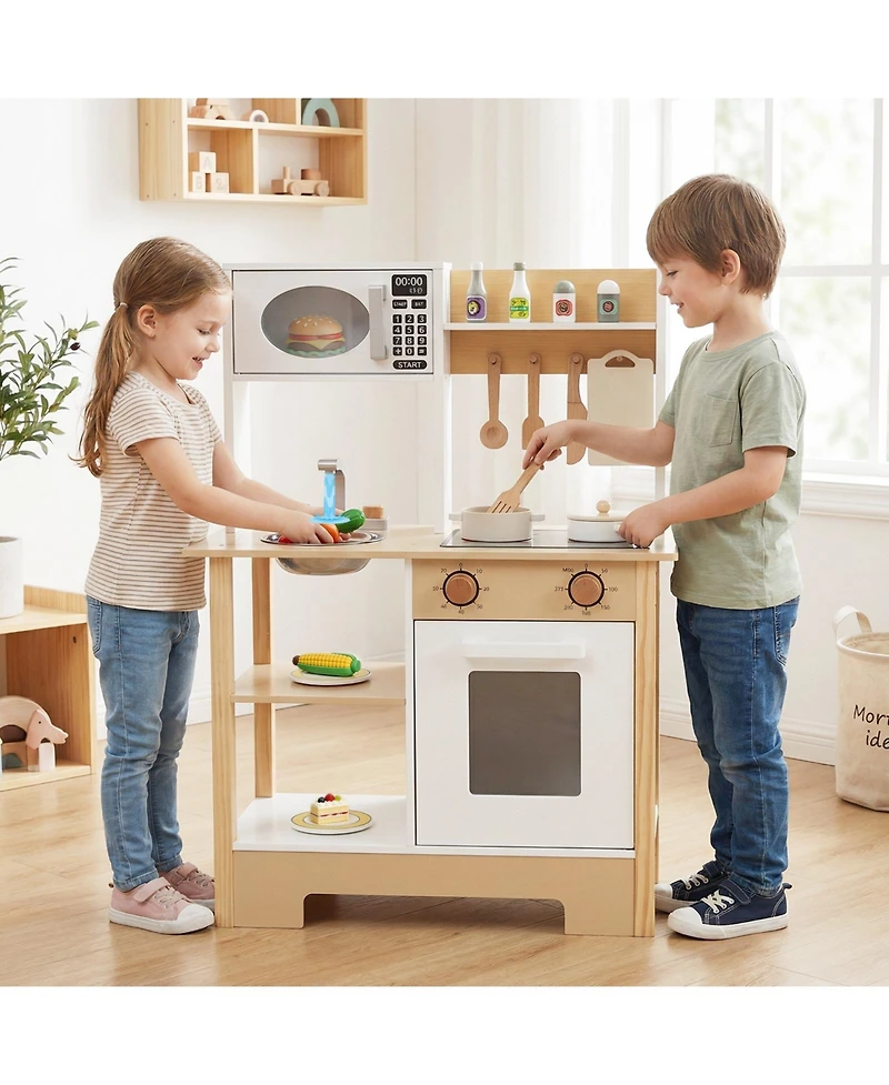 Mecale Play Kitchen Wooden Toy Playset with Chalkboard, Birthday Gift for Kids Ages 3+