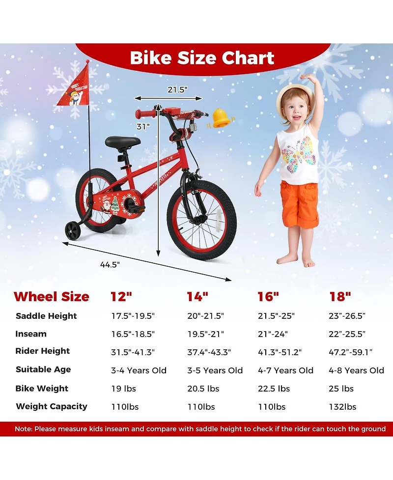 Mecale 16 Inch Kids Bike Adjustable with Christmas Music & Flag for Aged 4-7 Years Old
