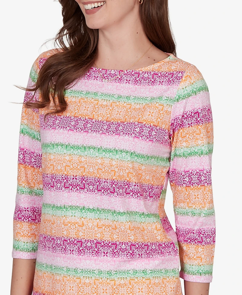 Ruby Rd. Petite Stripe Medallion Boat Neck Knit Top