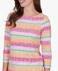 Ruby Rd. Petite Stripe Medallion Boat Neck Knit Top