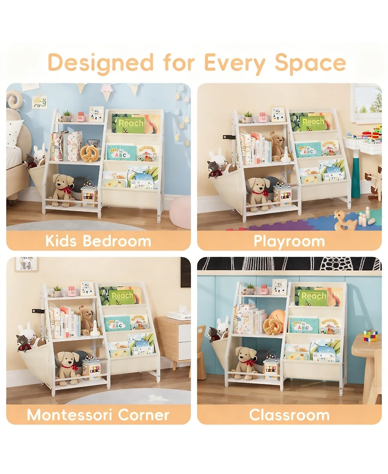 Yigii Bookcase for Kids: 3-Tier Storage with Pockets, Toys Rack, Safety