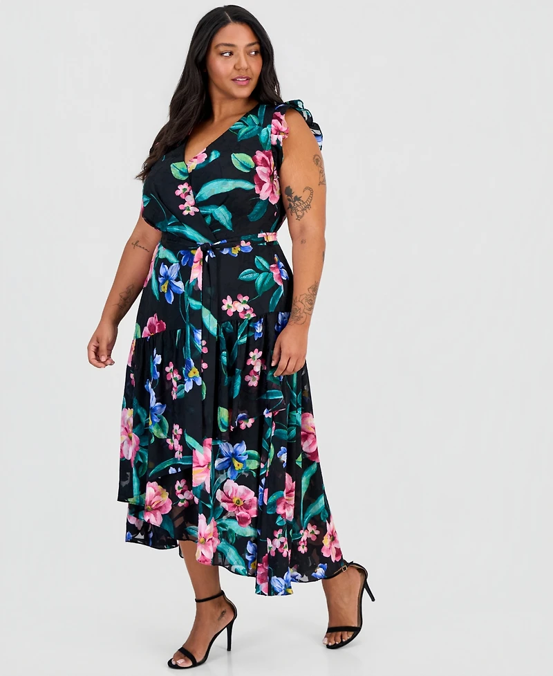 Anne Klein Plus Flutter-Sleeve Chiffon Midi Dress