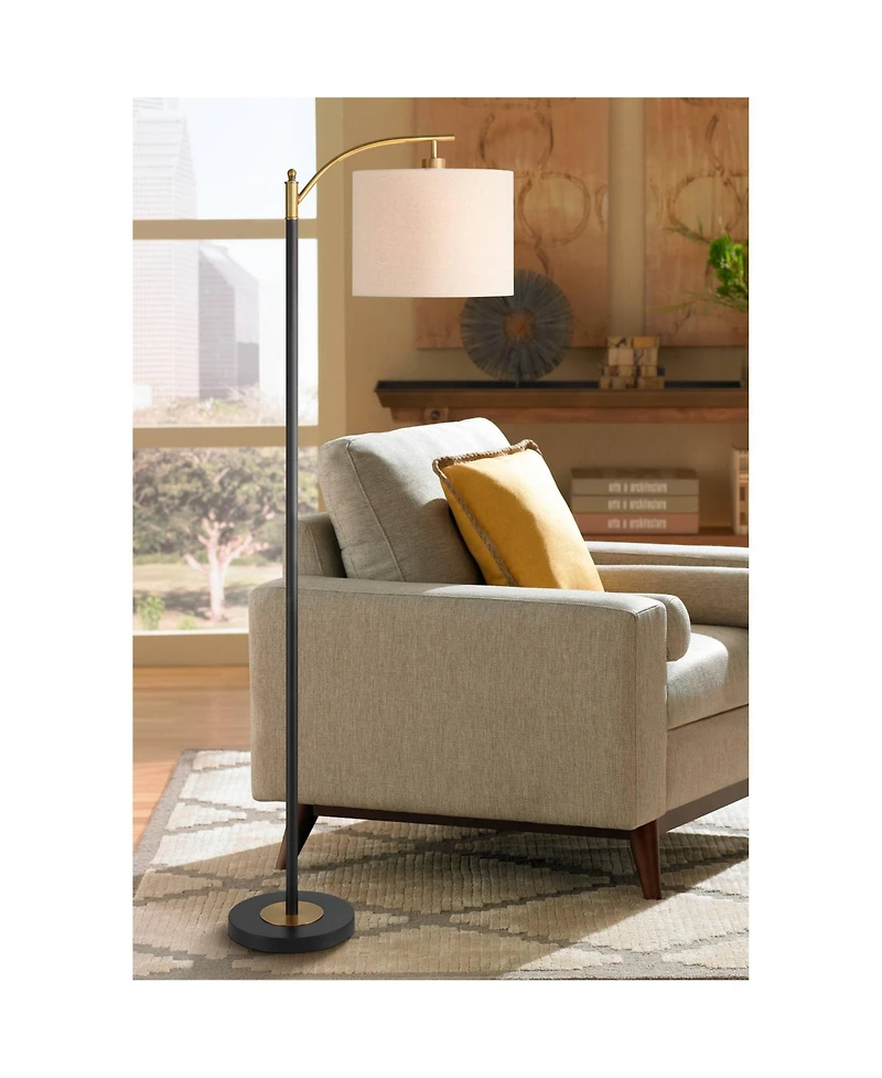 360 Lighting Rayna Mid Century Modern Downbridge Floor Lamp 61 1/2" Tall Black Gold Metal Off White Linen Drum Shade for Living Room Reading Bedr
