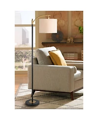 360 Lighting Rayna Mid Century Modern Downbridge Floor Lamp 61 1/2" Tall Black Gold Metal Off White Linen Drum Shade for Living Room Reading Bedr
