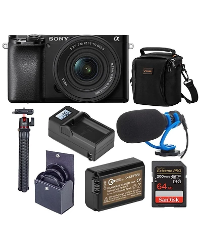 Sony A6100 kit: 16-50mm lens, mic, tripod, bag, 64GB Sd, filters, extra battery.