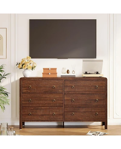 gaomon Modern 6 Drawer Dresser for Bedroom, Dresser Tv Stand with Large Drawers, Walnut Natural Texture