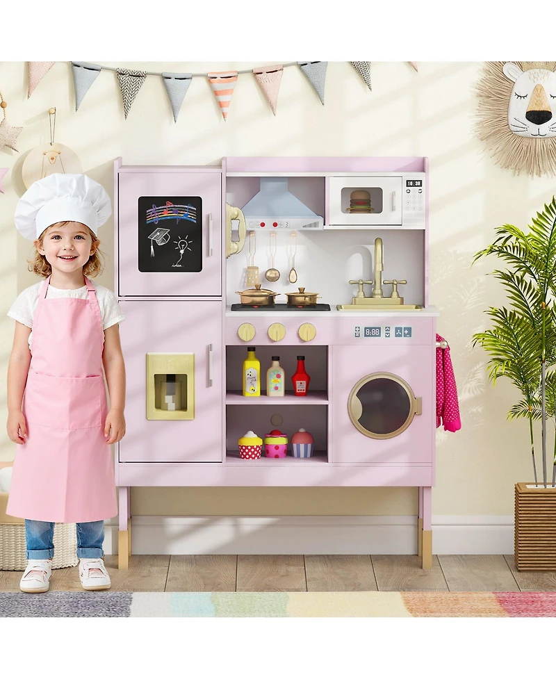 Mecale Pretend Play Kitchen Toy with Range Hood, Ice Maker & Telephone for Kids Role Play