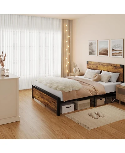 gaomon Bed Frame with Wooden Headboard – Features a Platform Design with Under-Bed Storage and Metal Legs, Noise-Free Operation