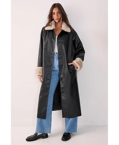 Nasty Gal Women's Faux Leather Longline Fur Trim Coat