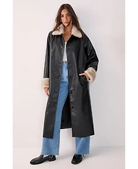 Nasty Gal Women's Faux Leather Longline Fur Trim Coat