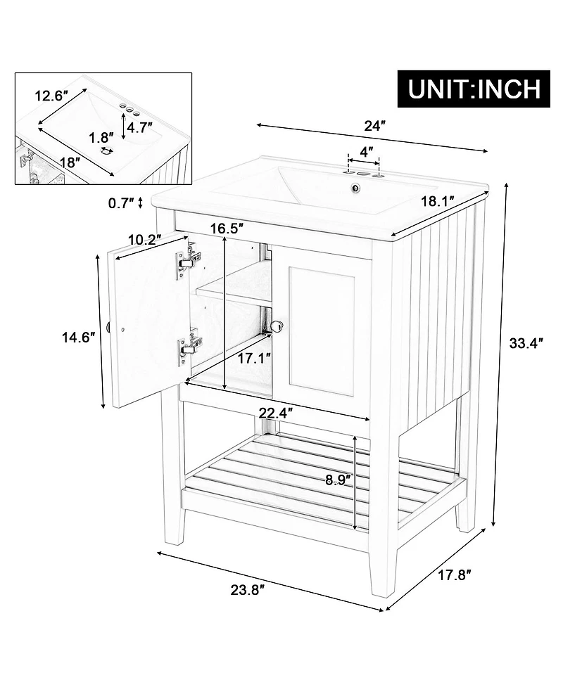 Sillysis 24" Bathroom Vanity with Ceramic Sink, Solid Wood Frame, Open Shelf Storage for Modern Small Spaces