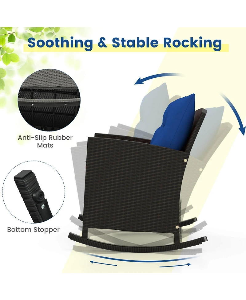 3 Pcs Patio Wicker Rocking Set with Tempered Glass Table & Soft Cushions Outdoor