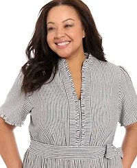 London Times Plus Size Stripe Tiered Ruffle Neck Dress