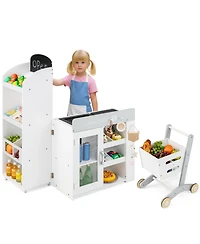 Mecale Kids Grocery Store Playset, Convertible Wooden Play Store with Shopping Cart for Pretend Play