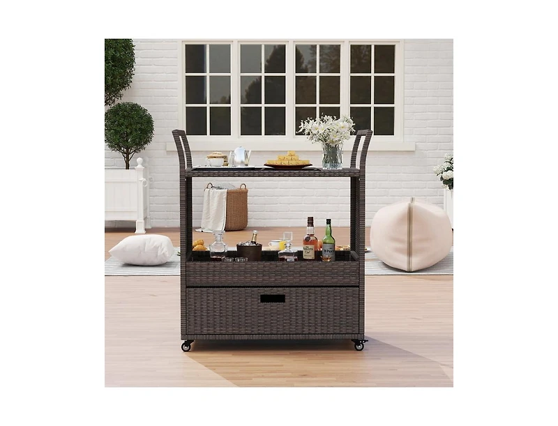 Slickblue Patio Wicker Bar Cart with Durable Tempered Glass Tabletop