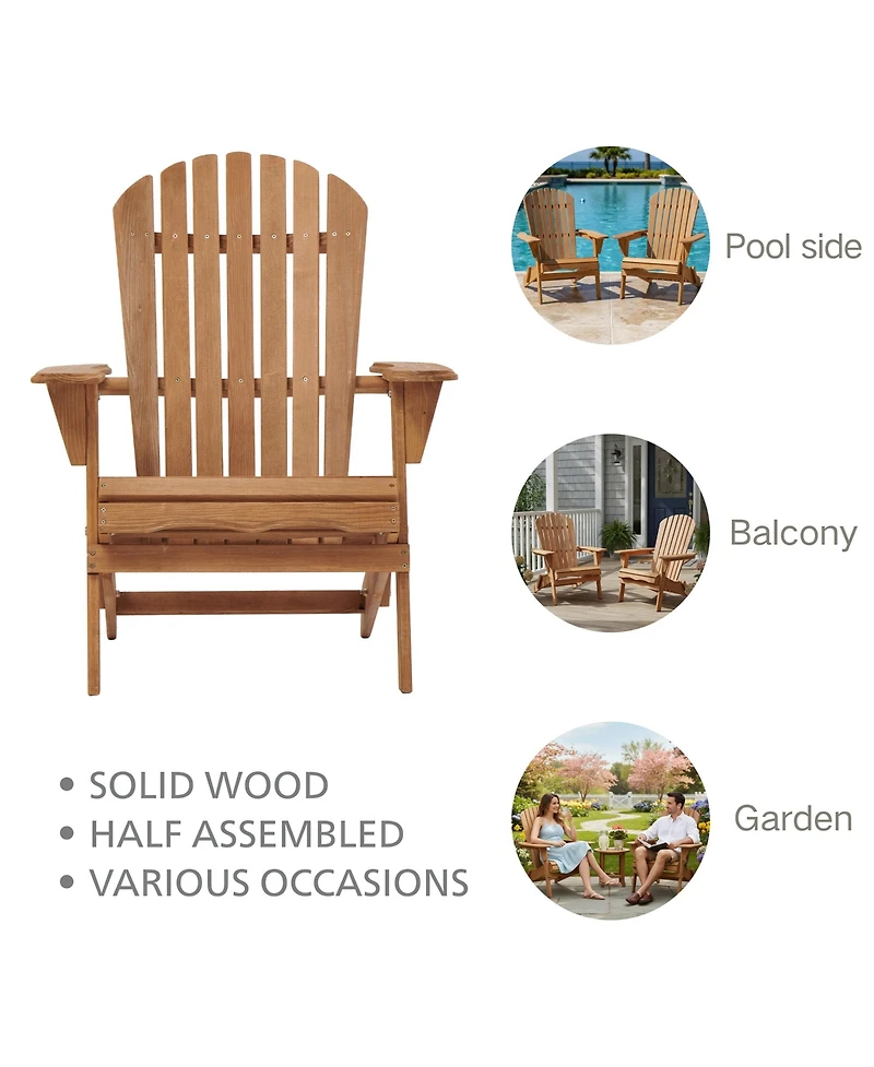Clihome Outdoor Wooden Folding Adirondack Chair Set of 2 with BackRest, Wood Patio Chair for Garden Backyard