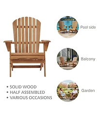 Clihome Outdoor Wooden Folding Adirondack Chair Set of 2 with BackRest, Wood Patio Chair for Garden Backyard