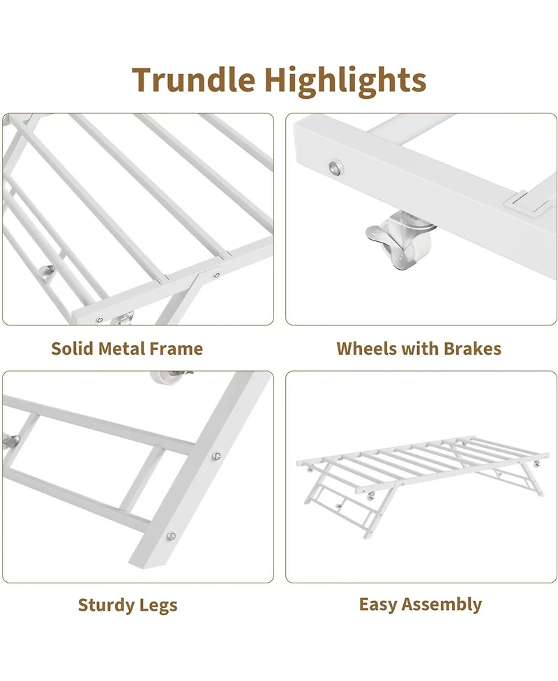 gaomon Twin Pop Up Trundle Bed Frame,Trundle Day Bed with Lockable Casters,Foldable Metal