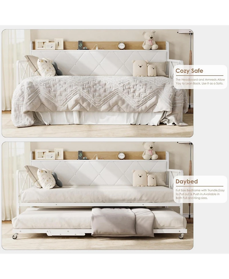 gaomon Daybed with Trundle and Led Light, Twin Size Bed Frame with Upholstered Headboard and Charging Station, Metal Frame Sofa Day Bed for Bedroom