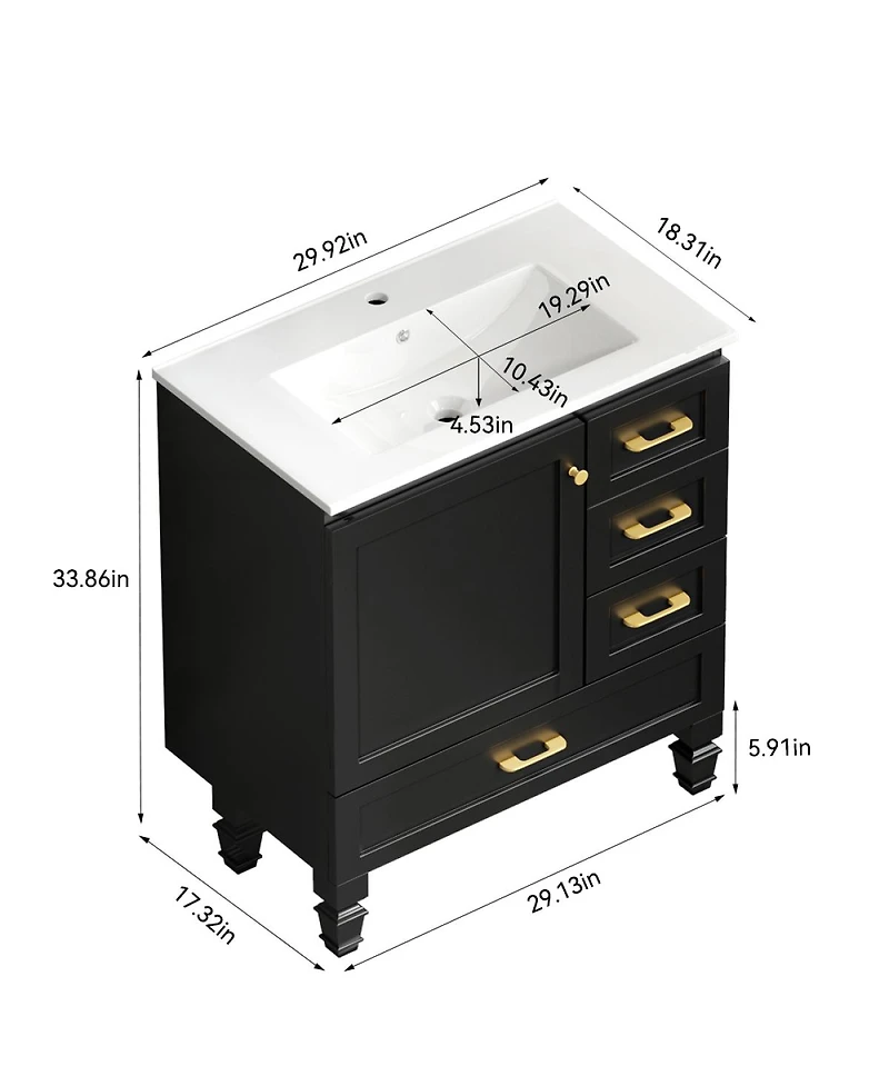 Sillysis Modern Bathroom Vanity with Sink, Transitional Mdf Cabinet, Ample Soft Close Storage, 1 Door 3 Drawers for Stylish Bathrooms