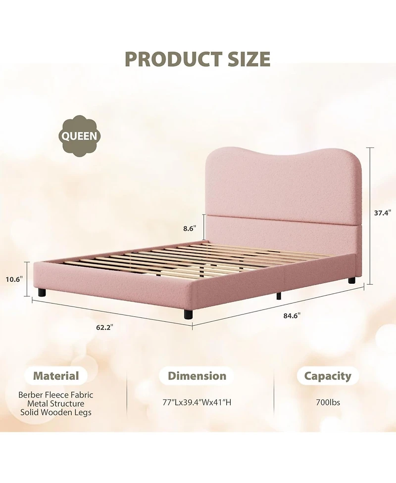 gaomon Boucle Bed Frame with Upholstered Headboard, Soft Low Profile Sturdy Platform Rounded Corners Design, Heavy Duty