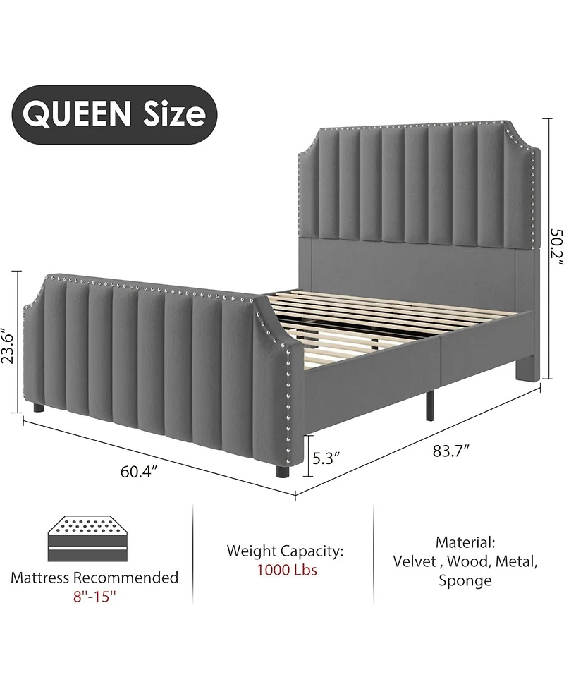 gaomon Velvet Upholstered Bed Frame with Headboard&Footboard,Platform Bed Frame with Nailhead Trim