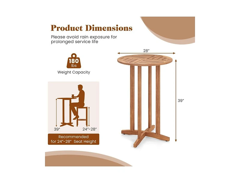 Slickblue 39 Inch Patio Acacia Wood Bar Height Table with Slatted Design
