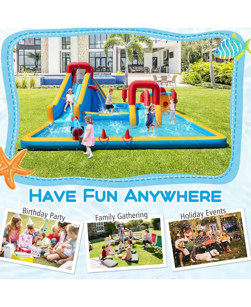 Mecale 9-in-1 Inflatable Double Water Slide Park Giant Bounce House, 750W Blower Included