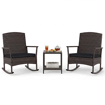 3 Piece Patio Rocking Set Wicker Chairs with 2-Tier Coffee Table