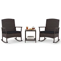 3 Piece Patio Rocking Set Wicker Chairs with 2-Tier Coffee Table