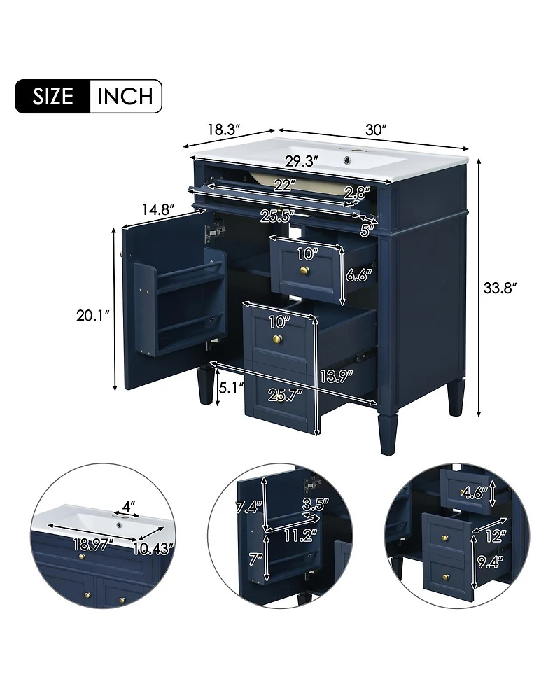 30" Blue Bathroom Vanity with Sink, Modern Freestanding Cabinet with 3 Soft Close Drawers & Adjustable Shelf for Bathroom Storage-Sillysis