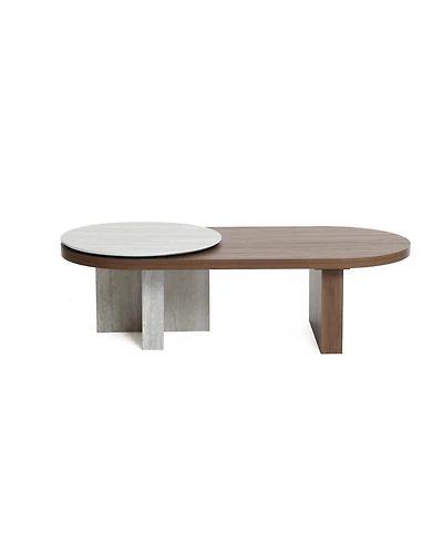 LuxenHome Travertine-Style and Walnut Finish Mdf Wood Oval Coffee Table