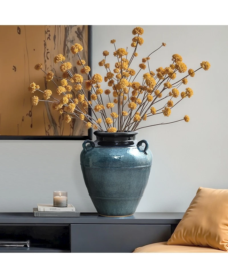 LuxenHome Ocean Blue Ceramic Vase with Handles, 15.75" Tall Amphora Pot for Rustic or Coastal Decor