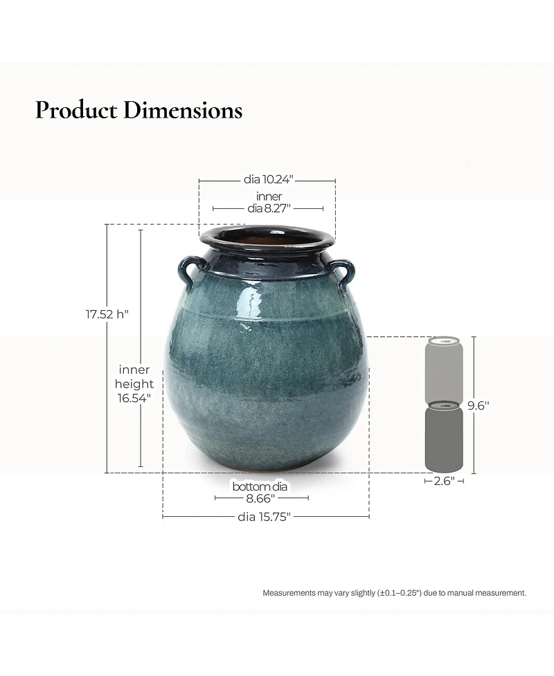 LuxenHome Ocean Blue Ceramic Vase with Handles, 17.5" Tall Rounded Pot for Rustic or Coastal Decor