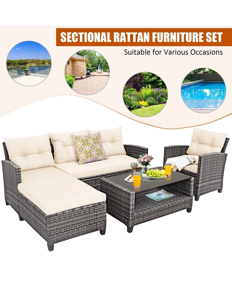 4 Pieces Patio Rattan Sofa Furniture Set with Cushion and 2-Tier Coffee Table