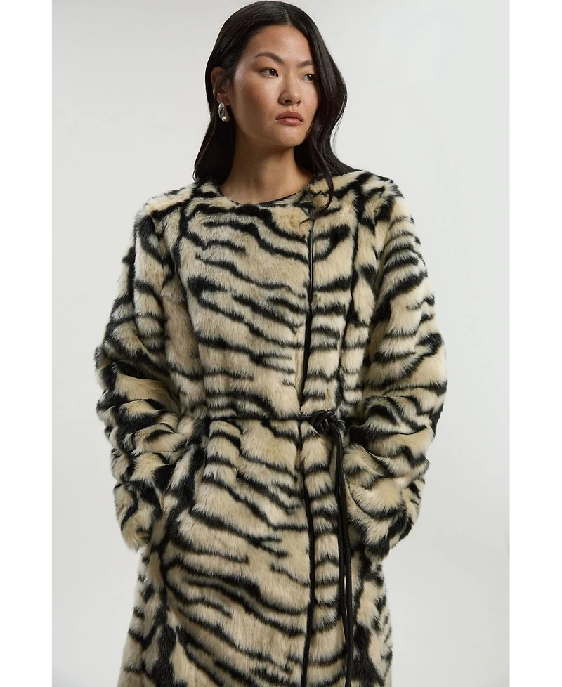 Karen Millen Women's Faux Fur Collarless Tie Belted Midi Coat