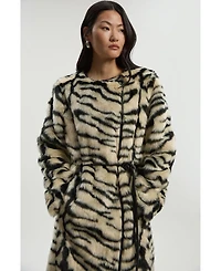 Karen Millen Women's Faux Fur Collarless Tie Belted Midi Coat