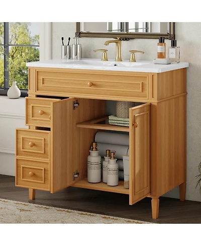Sillysis 36'' Solid Wood Bathroom Vanity with Sink, Tilt-Out Drawer & 2-Door Storage, Freestanding Modern Cabinet for Easy Assembly