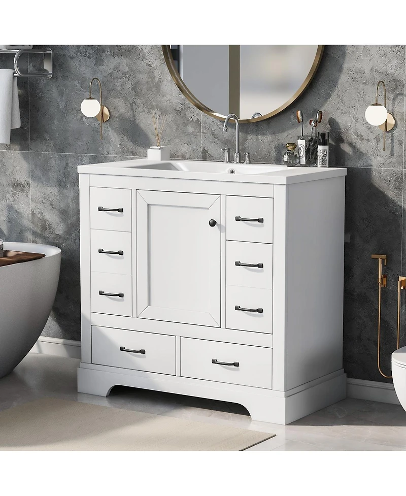 Sillysis 36" Bathroom Vanity with Sink, Solid Wood Cabinet, 6 Drawers & Adjustable Shelf for Modern Storage