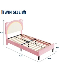 gaomon Twin Bed Frame, Kids Upholstered Platform Frame with Adjustable Headboard & Led Light, Wooden Slats Support, No Box Spring Needed