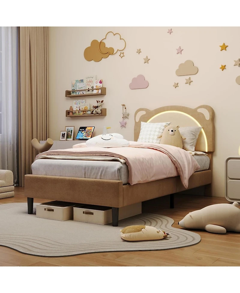 gaomon Twin Bed Frame, Kids Upholstered Platform Bed Frame with Adjustable Headboard & Led Light, Wooden Slats Support, No Box Spring Needed
